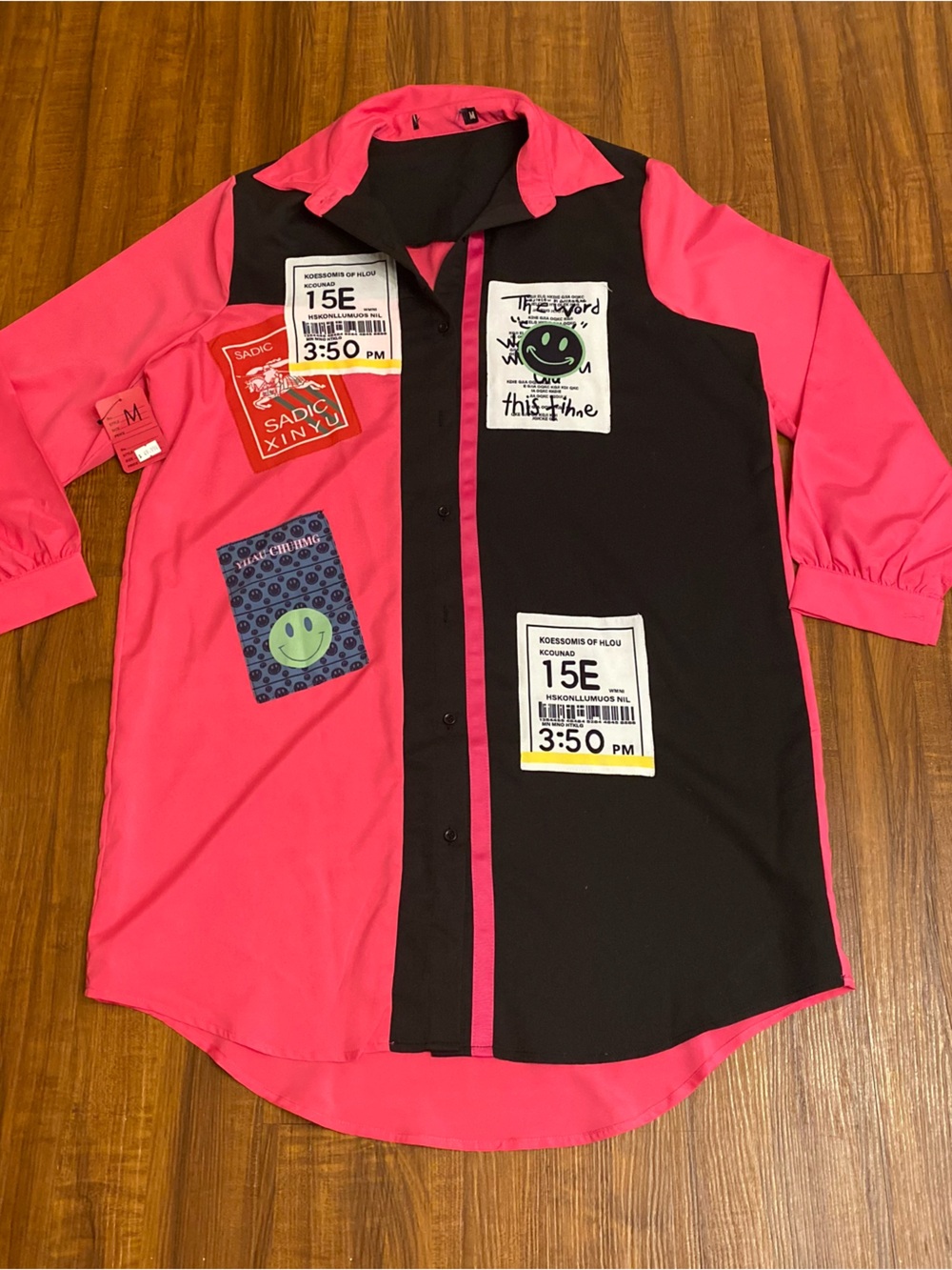 Ladies Pink & Black Button Down Shirt Dress - Modern Patch Design